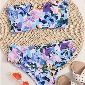 Floral lace up high waisted bikini set
